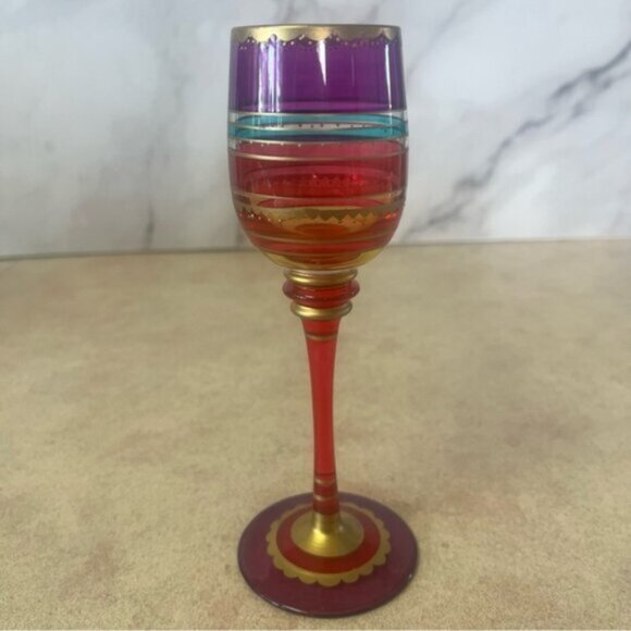 Pier 1 Multi-Color Hand Painted Jewel Toned Long Stem Glasses Set 6 - Picture 9 of 12